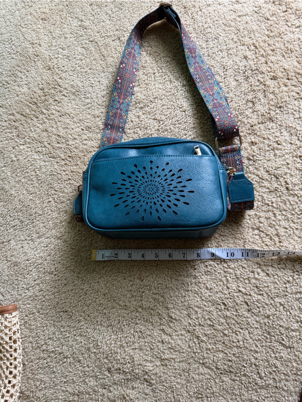 Teal Crossbody Bag with Laser-Cut Floral Design